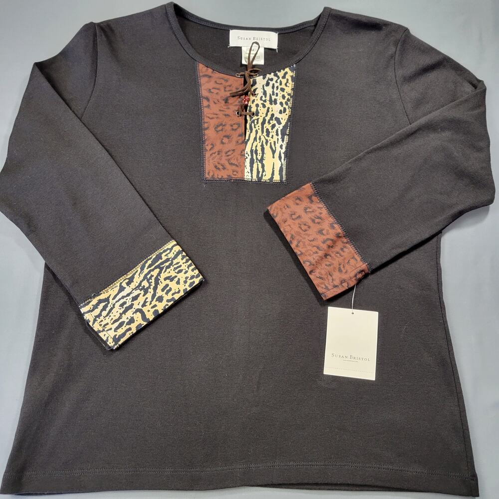 Susan Bristol Black Leopard Print Shirt NEW $49 Tie Scoop 3/4 Sleeves Women's M